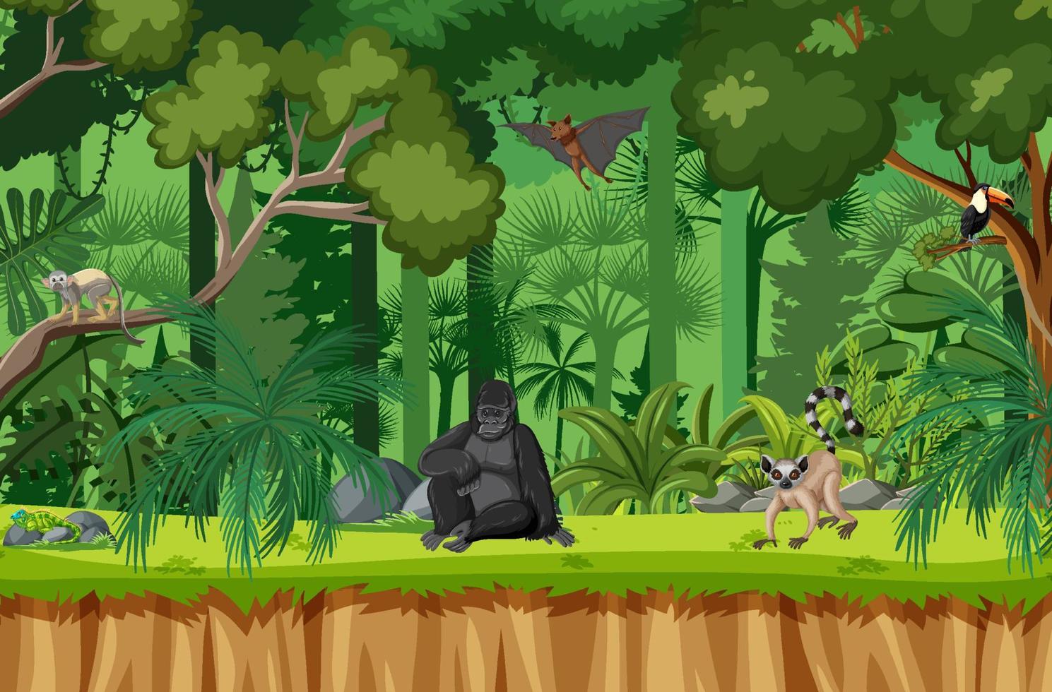 Escena de la selva tropical con varios animales salvajes. vector