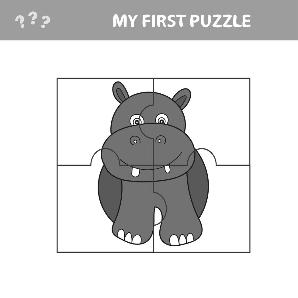 Cartoon education jigsaw puzzle game for preschool children with funny hippo vector