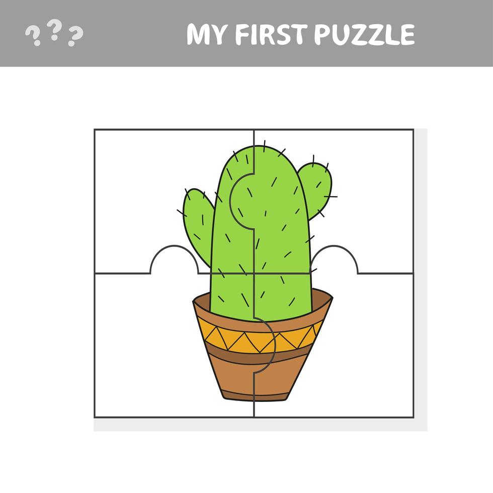 Educational game for kids. Simple Jigsaw puzzle with Funny Cactus Pot Flower vector