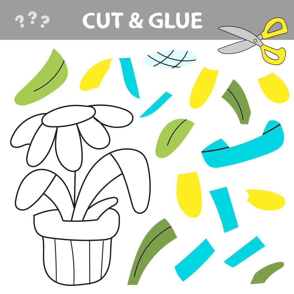 Cut and glue - Simple game for kids. Education paper game, flower in a pot vector