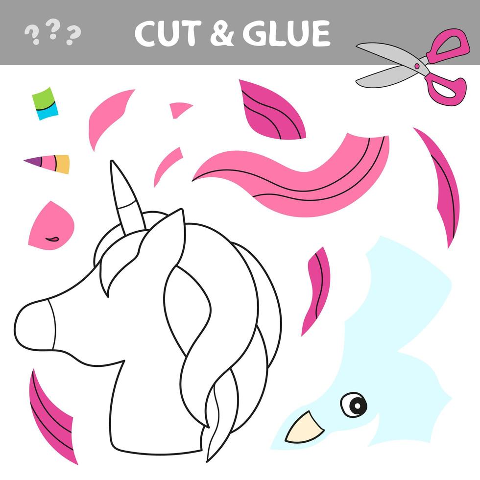 Cut and glue the paper little funny Unicorn. Vector illustration.