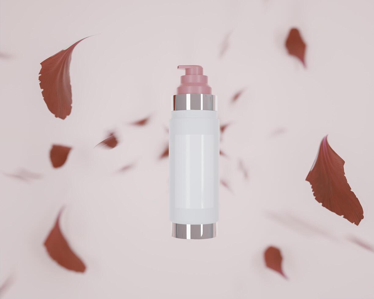 cream bottle or perfume pump placed on pink background and flower petals, 3d style photo