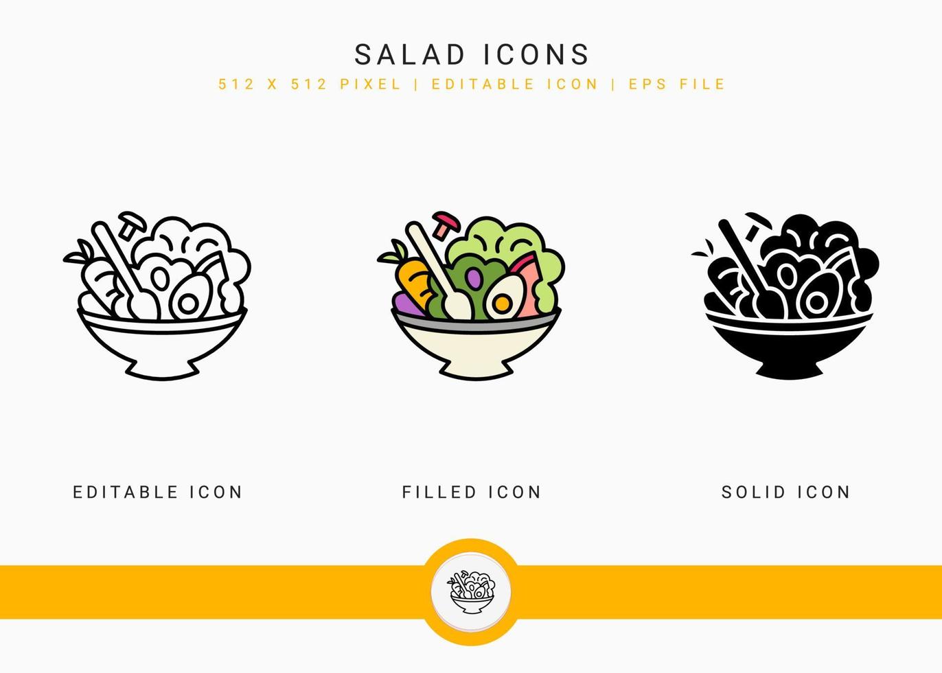 Los iconos de ensalada establecen ilustración vectorial con estilo de línea de icono sólido. concepto de ingredientes veganos saludables. icono de trazo editable sobre fondo blanco aislado para diseño web, interfaz de usuario y aplicación móvil vector