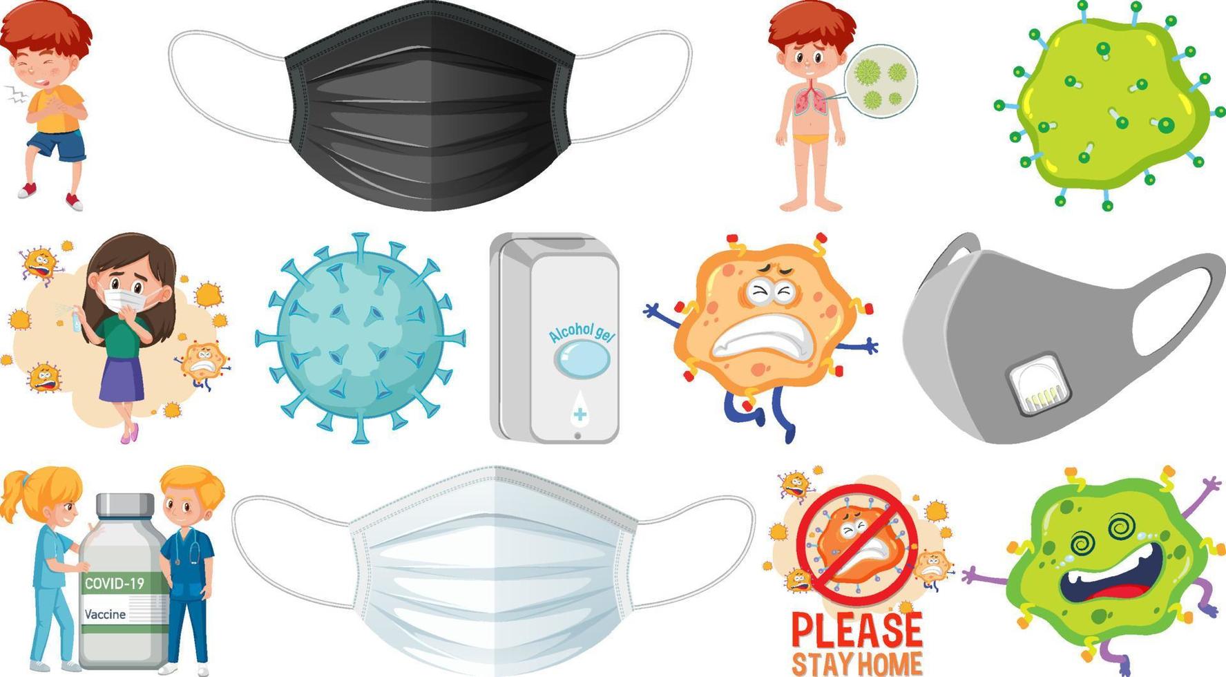 Cartoon character and Coronavirus vaccination isolated objects vector