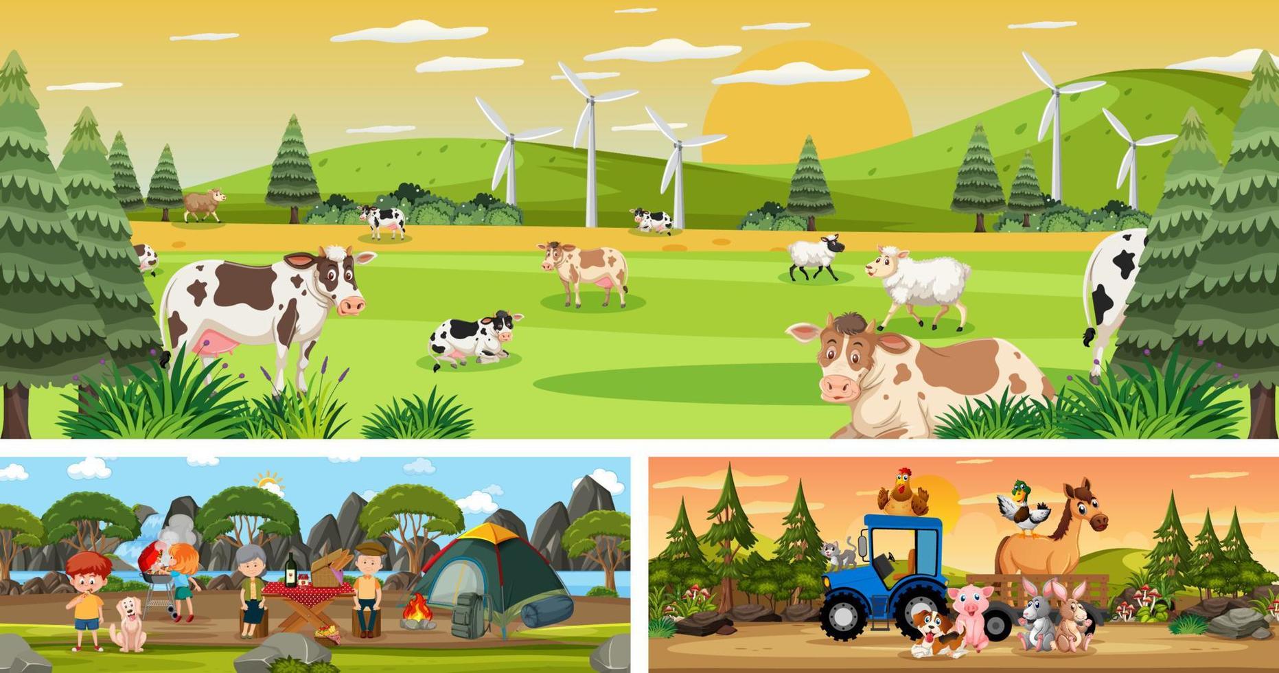 Set of different outdoor panoramic landscape scenes with cartoon character vector