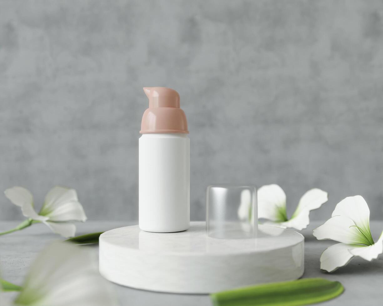 Cream jar or perfume pump placed on cement background, 3D style. photo