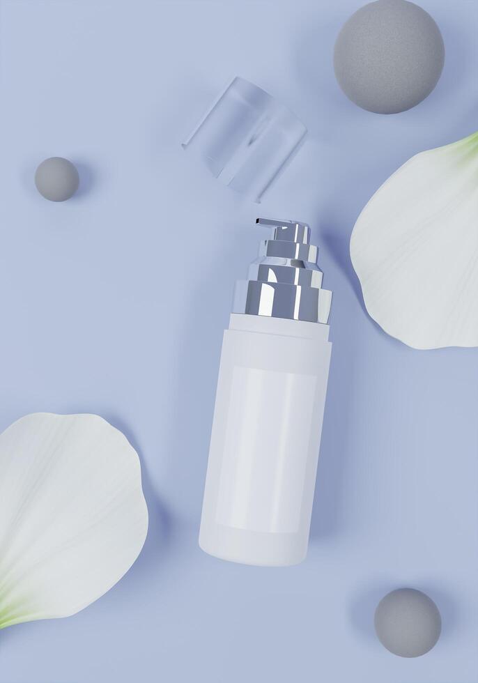 cream bottle or perfume pump placed on pastel cyan background, 3d style photo