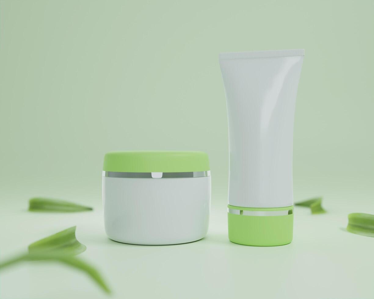 Cream jar and squeeze tube on pastel green background. photo