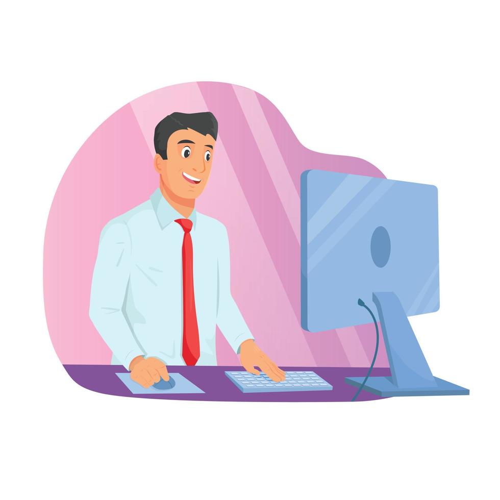 Concept of work in office. Businessman looks at screen monitor and analyzes data. Modern flat style vector illustration.