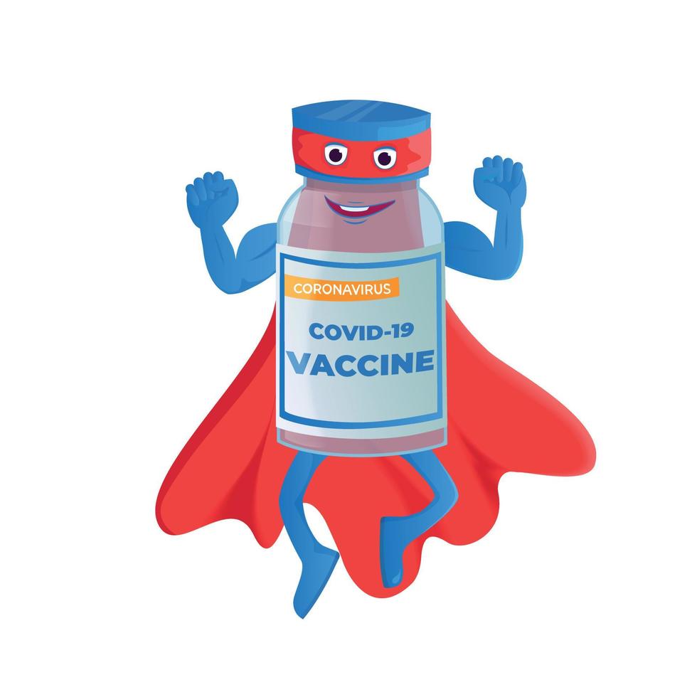 Vaccine vial like a superhero wearing a cape and shows his muscles on white background vector