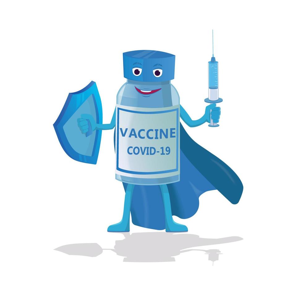 Vaccine vial like a superhero wearing a cape and a syringe weapon to inoculate to everyone and save lives. vector