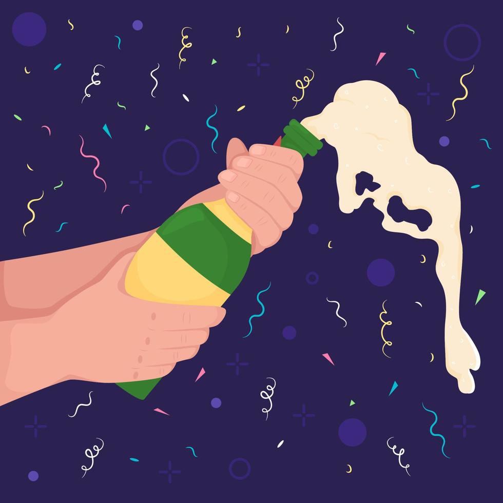 Holding bottle with pouring sparkling wine flat color vector illustration