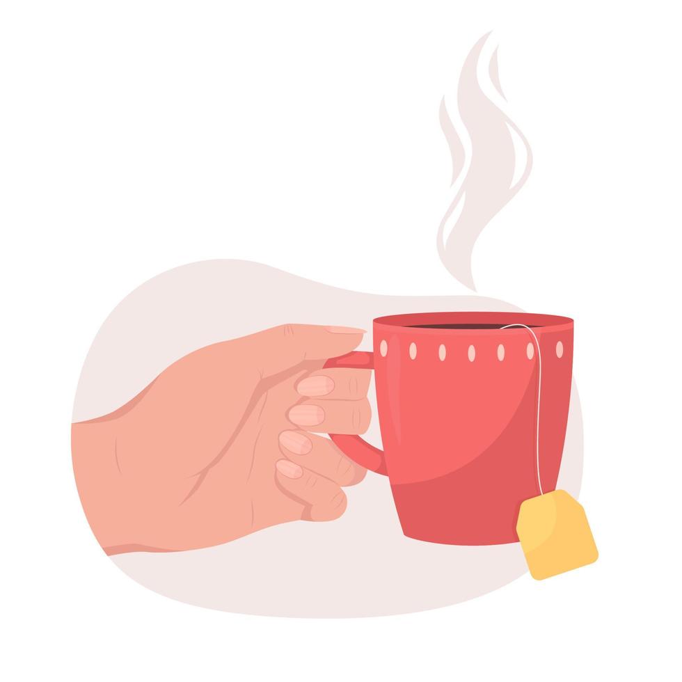 Hold red cup of aromatic tea 2D vector isolated illustration