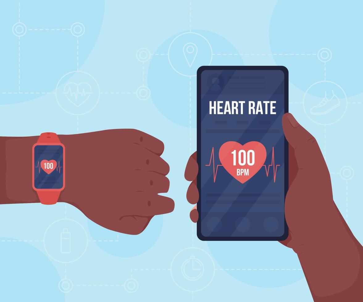 Tracking heart rate with devices flat color vector illustration