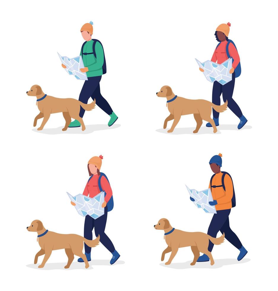 Person trekking with dog semi flat color vector character set