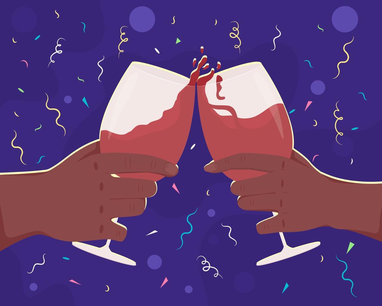 Brindis con copas de vino en la ilustración de vector de color plano de evento