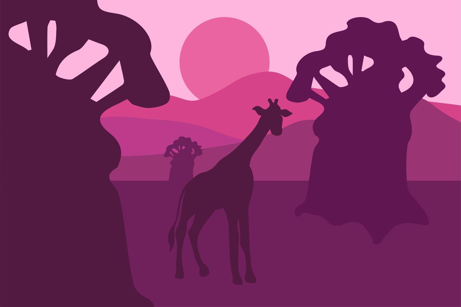 Pink African Safari Park Landscape With Giraffe vector