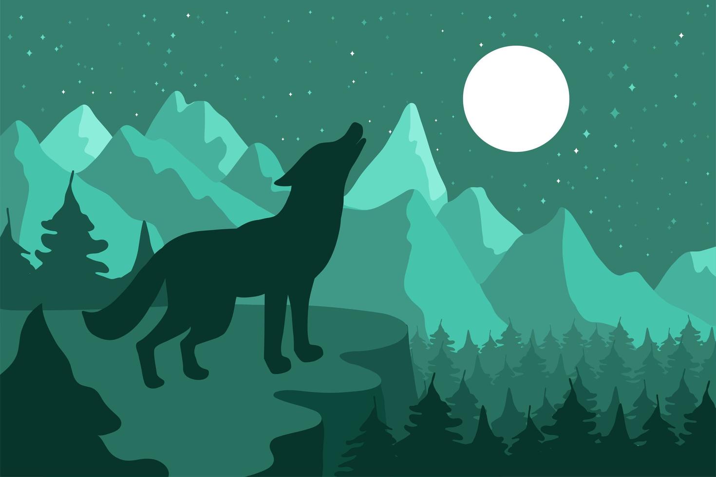 lobo en la noche bosque de coníferas cerca de las montañas bajo la luna vector