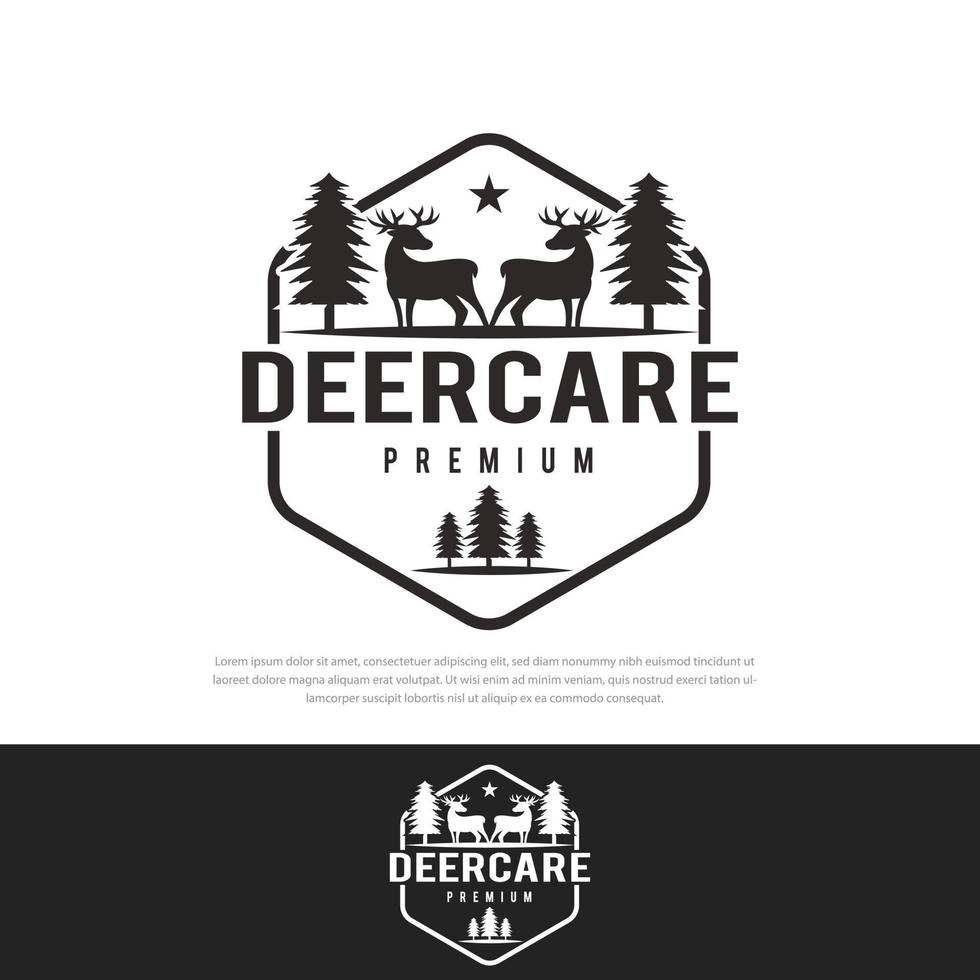 Two deer logos Vintage hexagon tree illustration vector