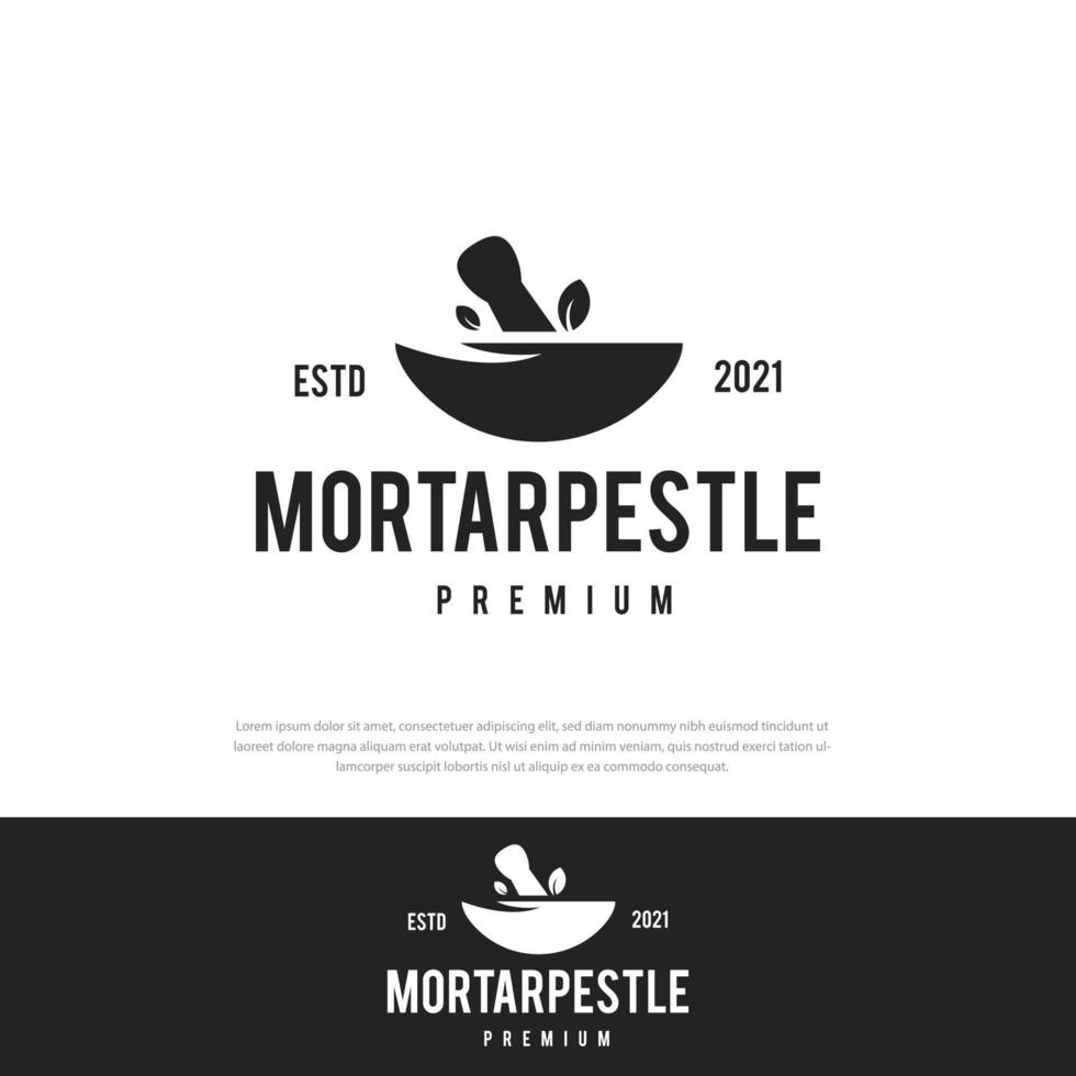 Mortar pestle logo premium hipster leaf bowl vector icon