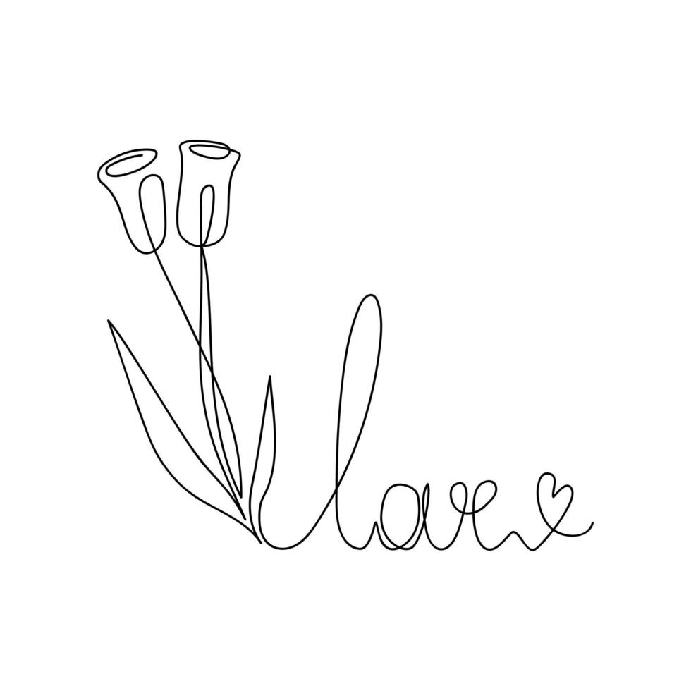 Love text with flowers and heart drawn by one line. Handwriting lettering. Continuous line drawing art for valentine, wedding. Vector illustration.