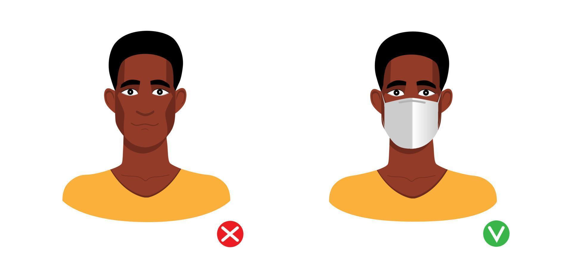 Valve mask required. Afro american man with and without mask isolated on white background. Vector illustration.