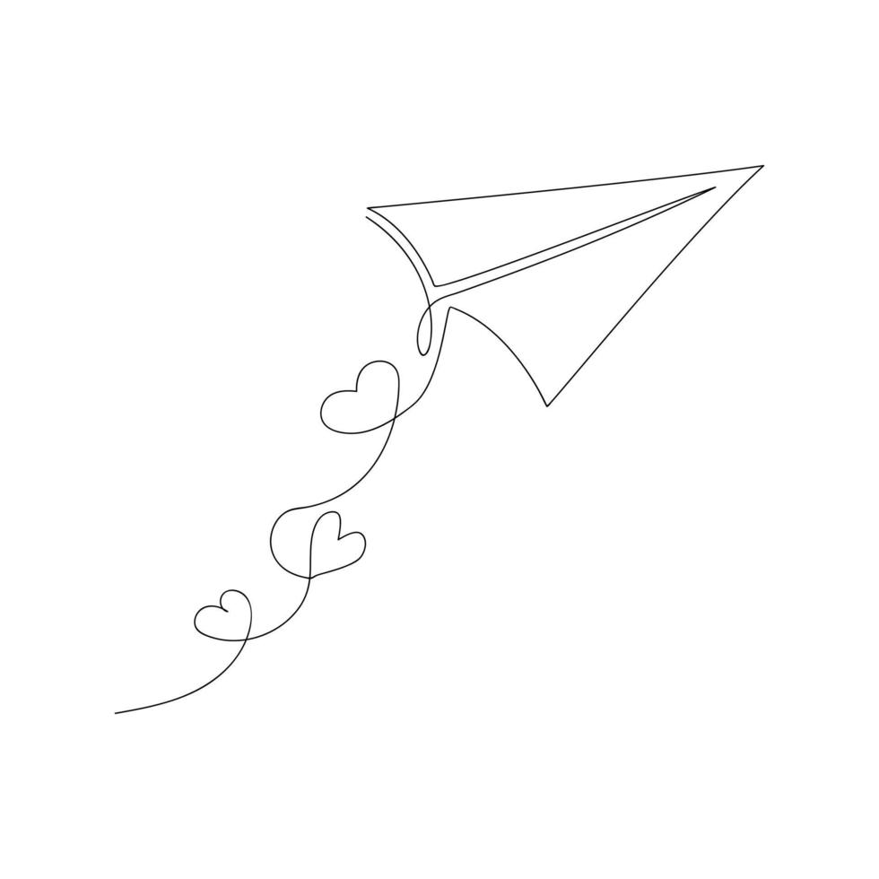 Paper airplane with hearts drawn by one line. Romantic sketch. Continuous line drawing art for valentine, wedding, birthday. Vector illustration in minimal style.