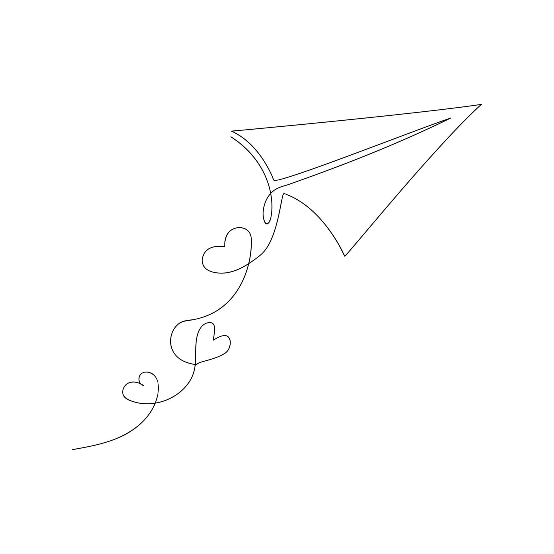 Paper airplane with hearts drawn by one line. Romantic sketch