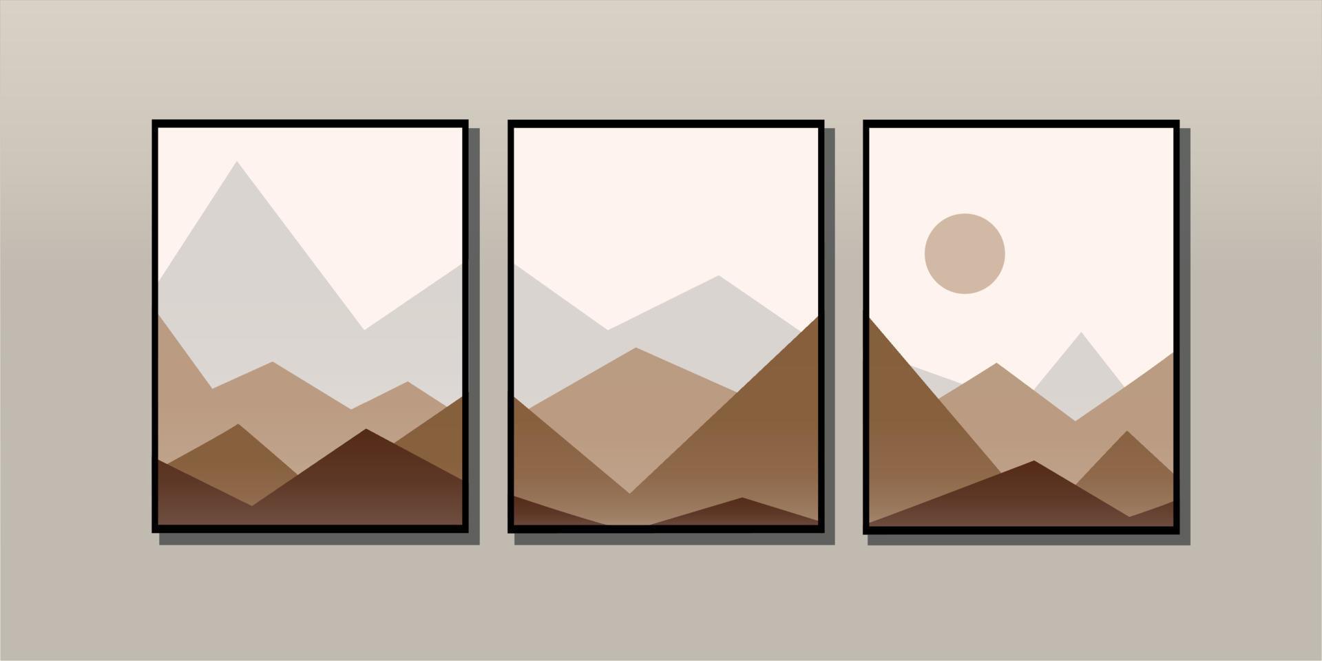 Abstract mountain landscape in earth tones. Triptych. Geometric landscape background in boho style. Vector illustration.