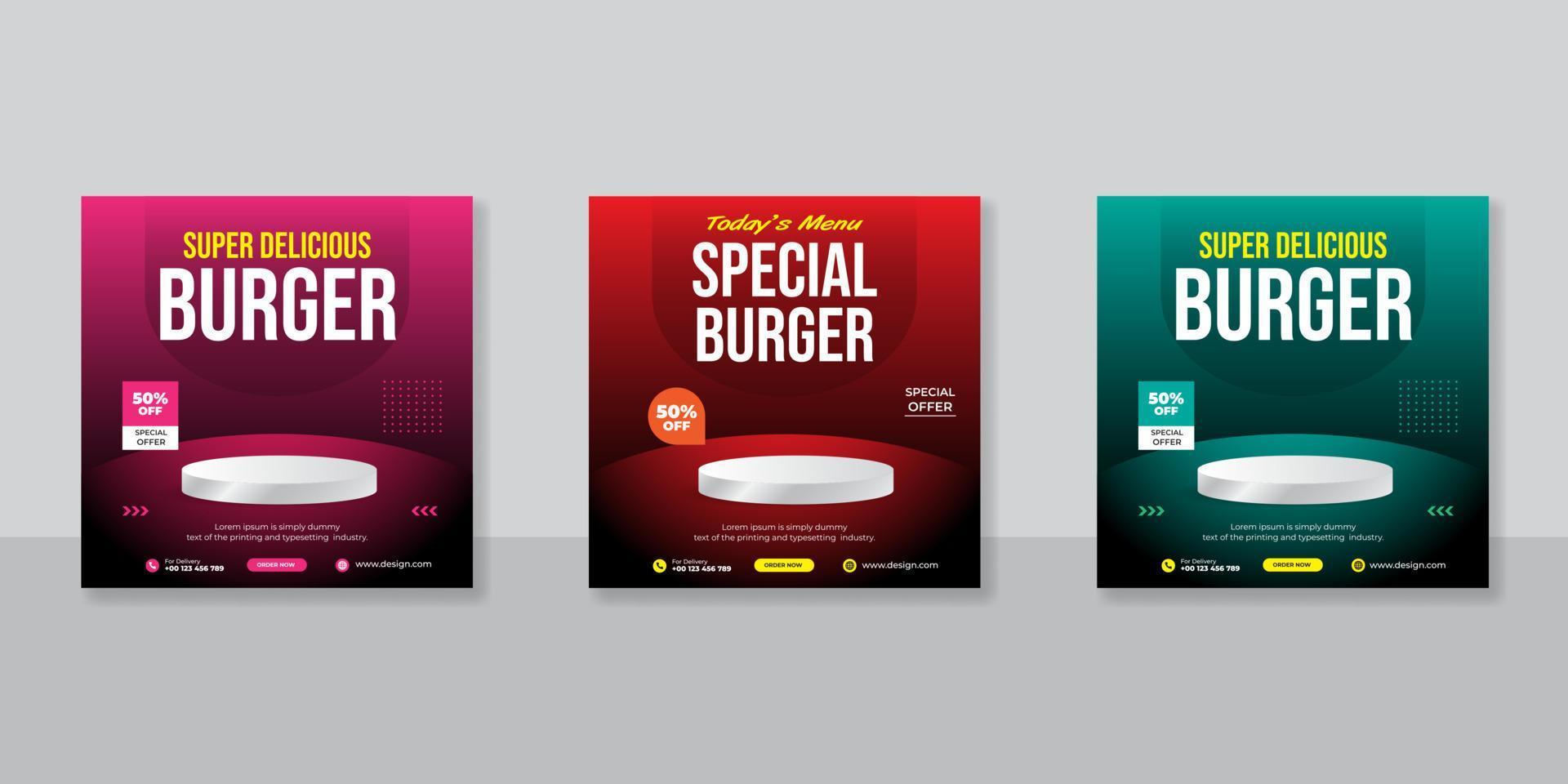 banner web cuadrado de promoción de comida de restaurante para aplicaciones móviles de redes sociales. vector