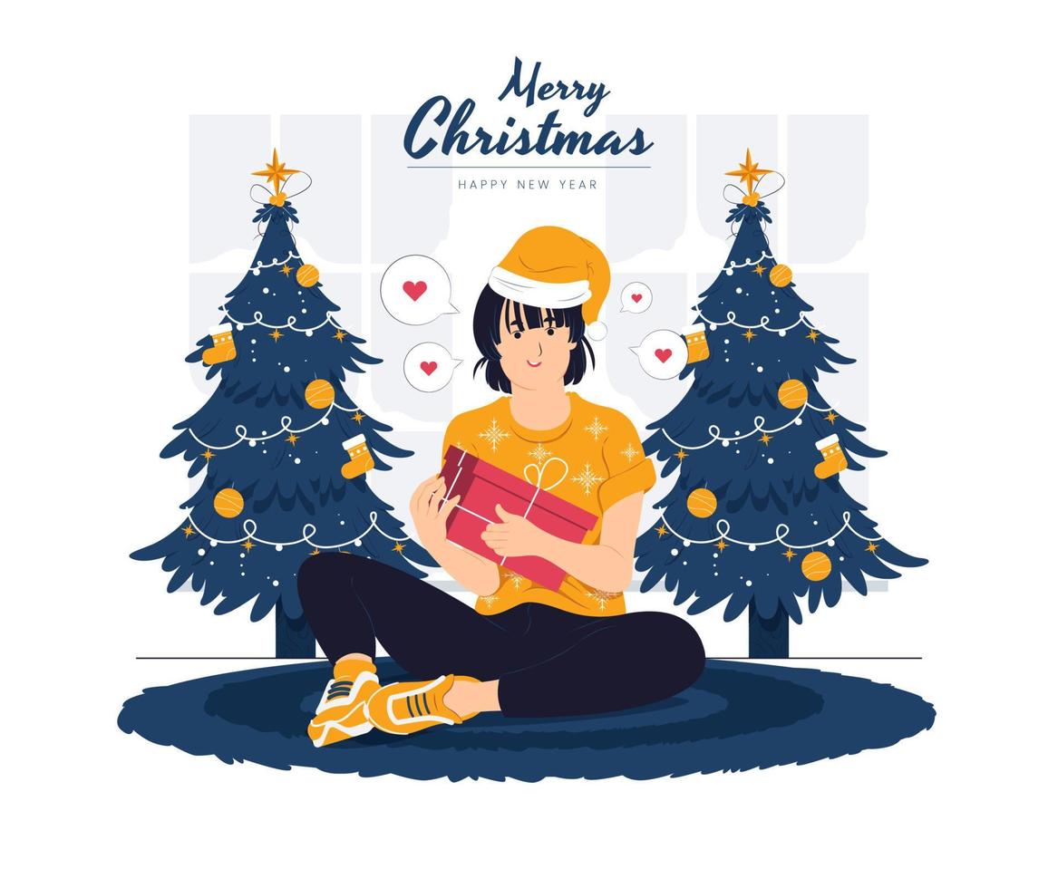 niña feliz sentada y sosteniendo el regalo, presente celebrar navidad año nuevo concepto ilustración vector