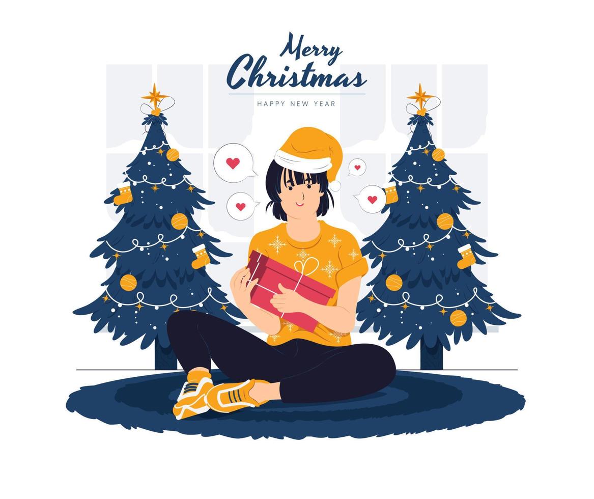 happy girl sit and holding gift, present celebrate christmas new year concept illustration vector