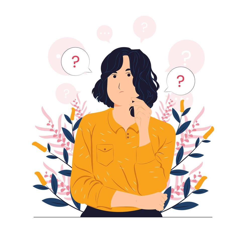 questioned, thinking, and confused with question mark looking up with thoughtful focused expression concept illustrations vector