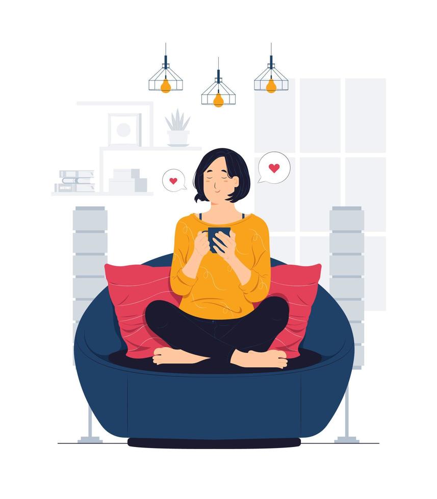 Woman relaxing at home and getting coffee break concept illustrations vector