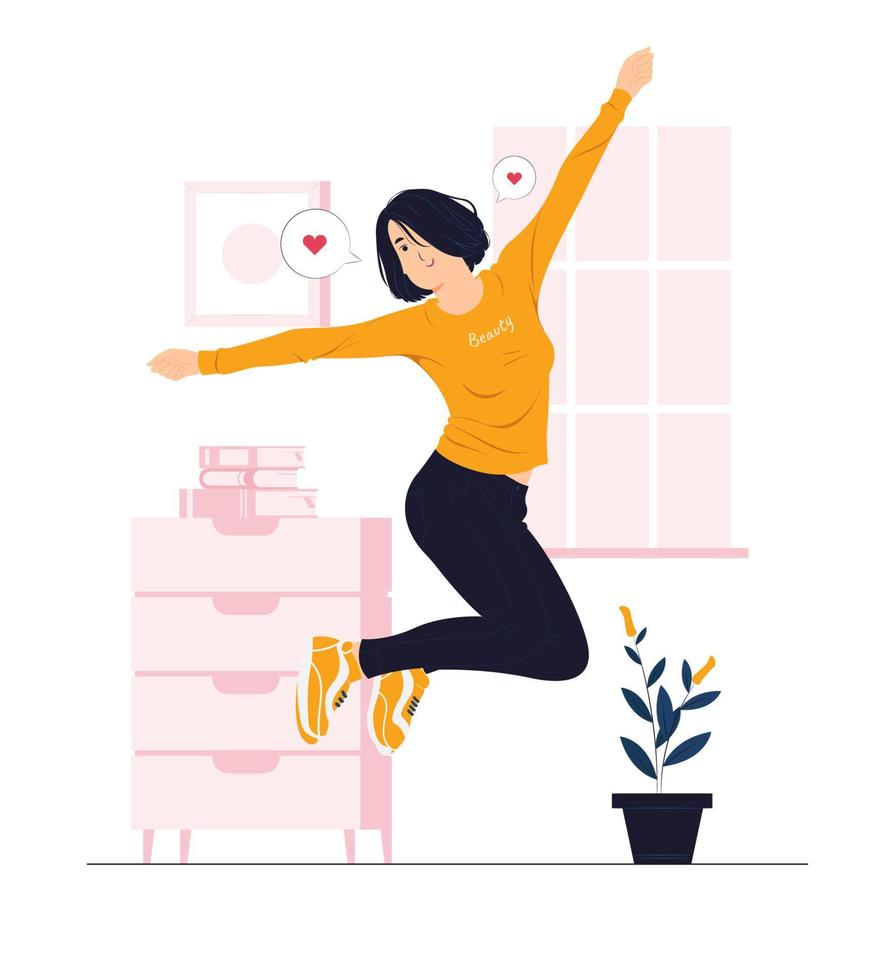 Happy girl, a woman jumping with joy concept illustrations vector
