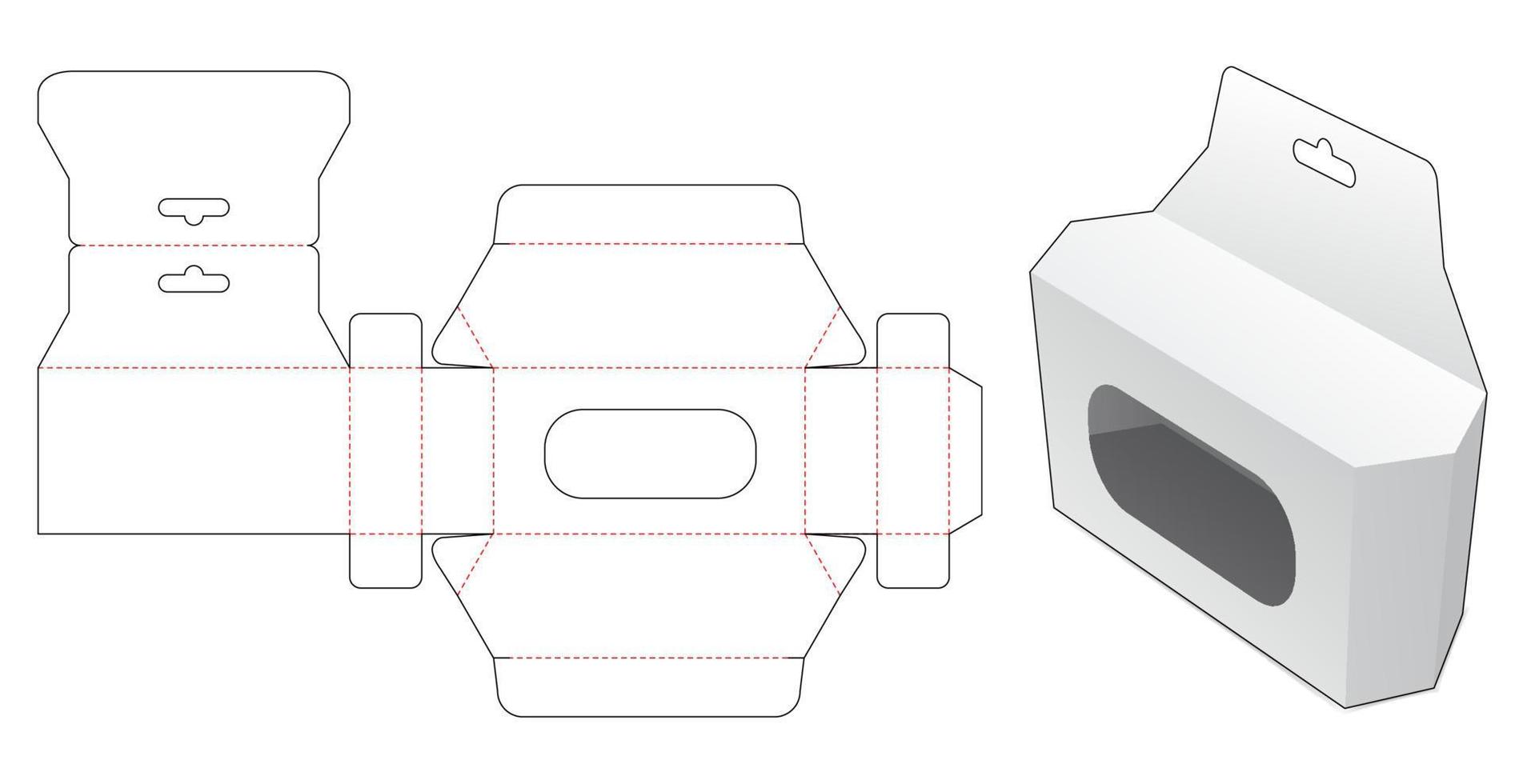 Hexagonal box and hang hole with window die cut template vector