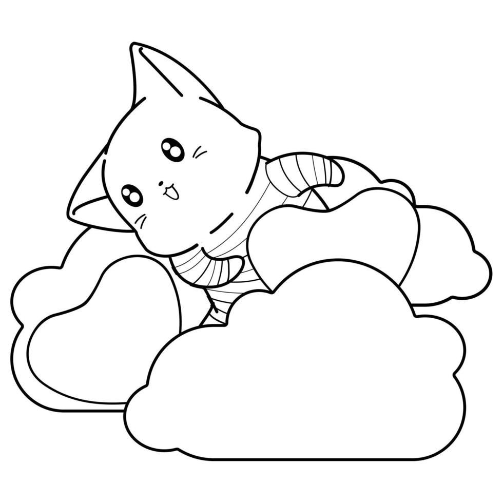 cat and heart cartoon outline vector