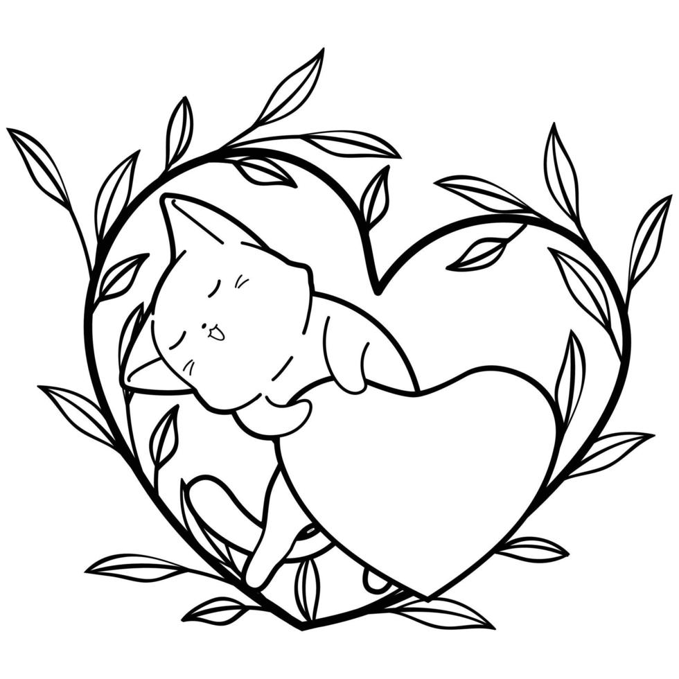cat and heart cartoon outline vector