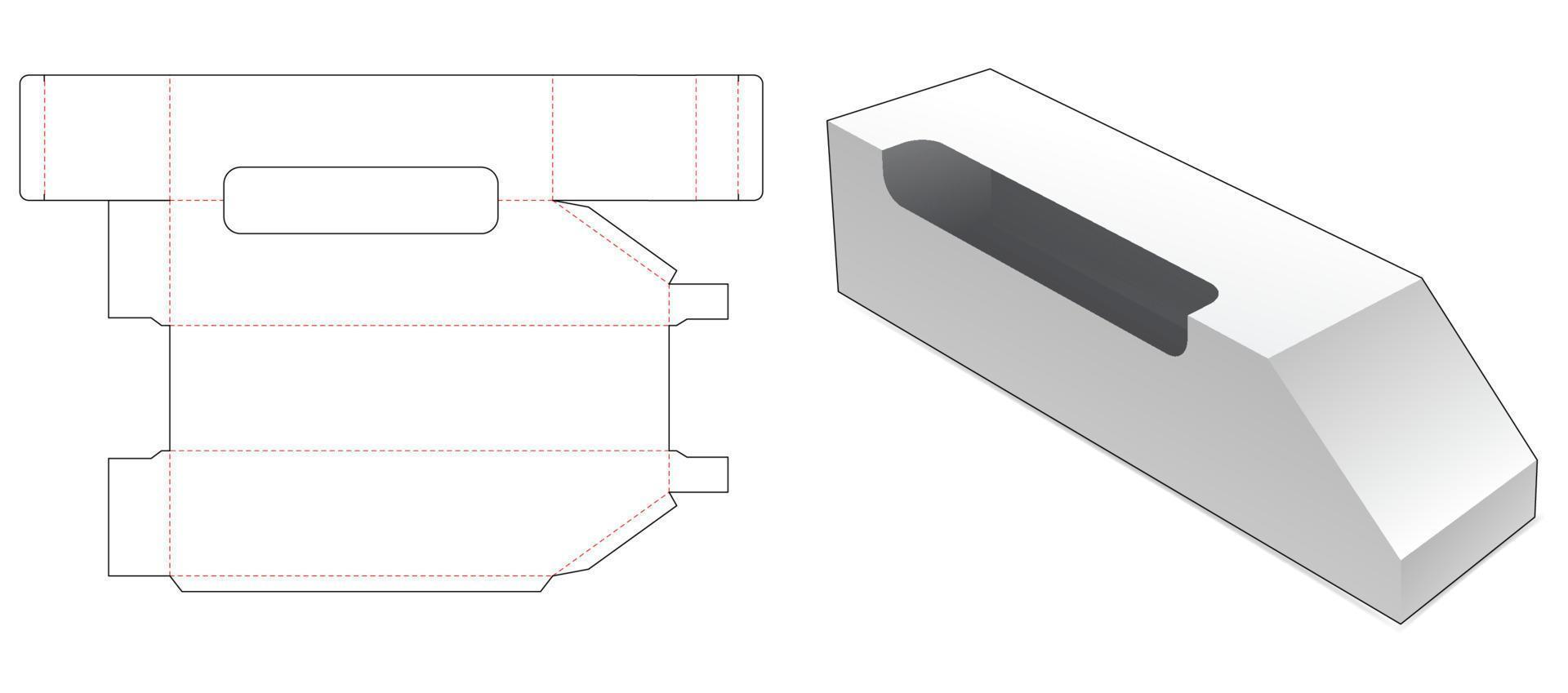 Tall chamfered box with corner window die cut template vector