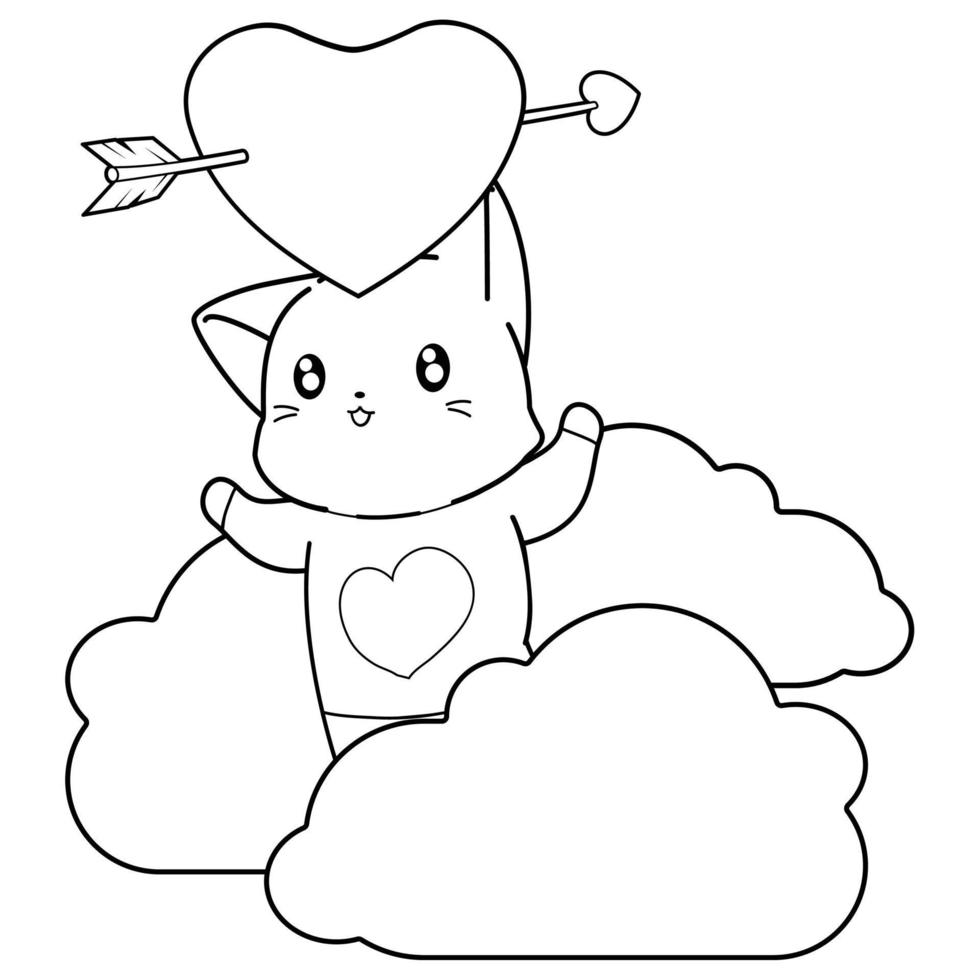 cat with heart cartoon outline vector