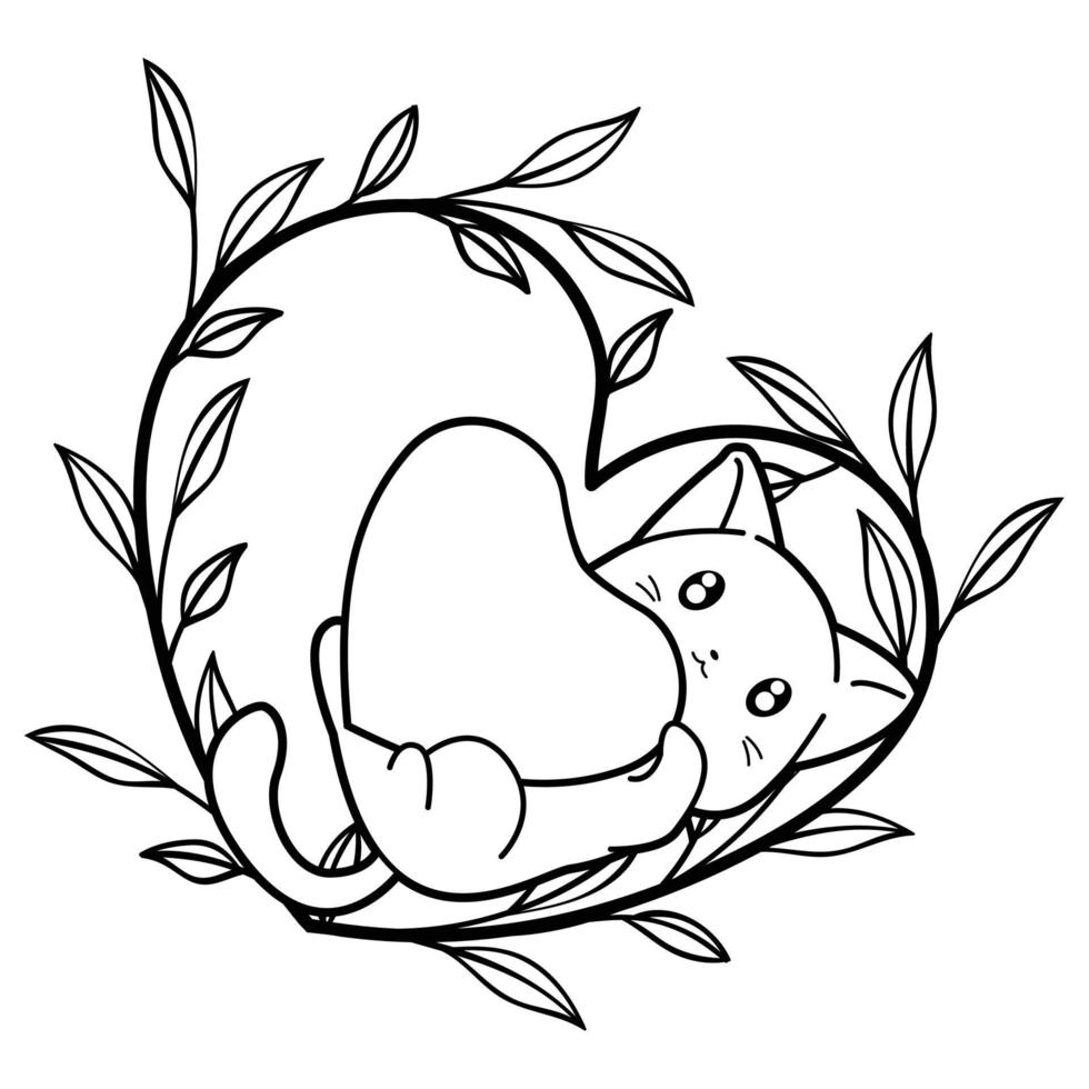 cat and heart cartoon outline vector