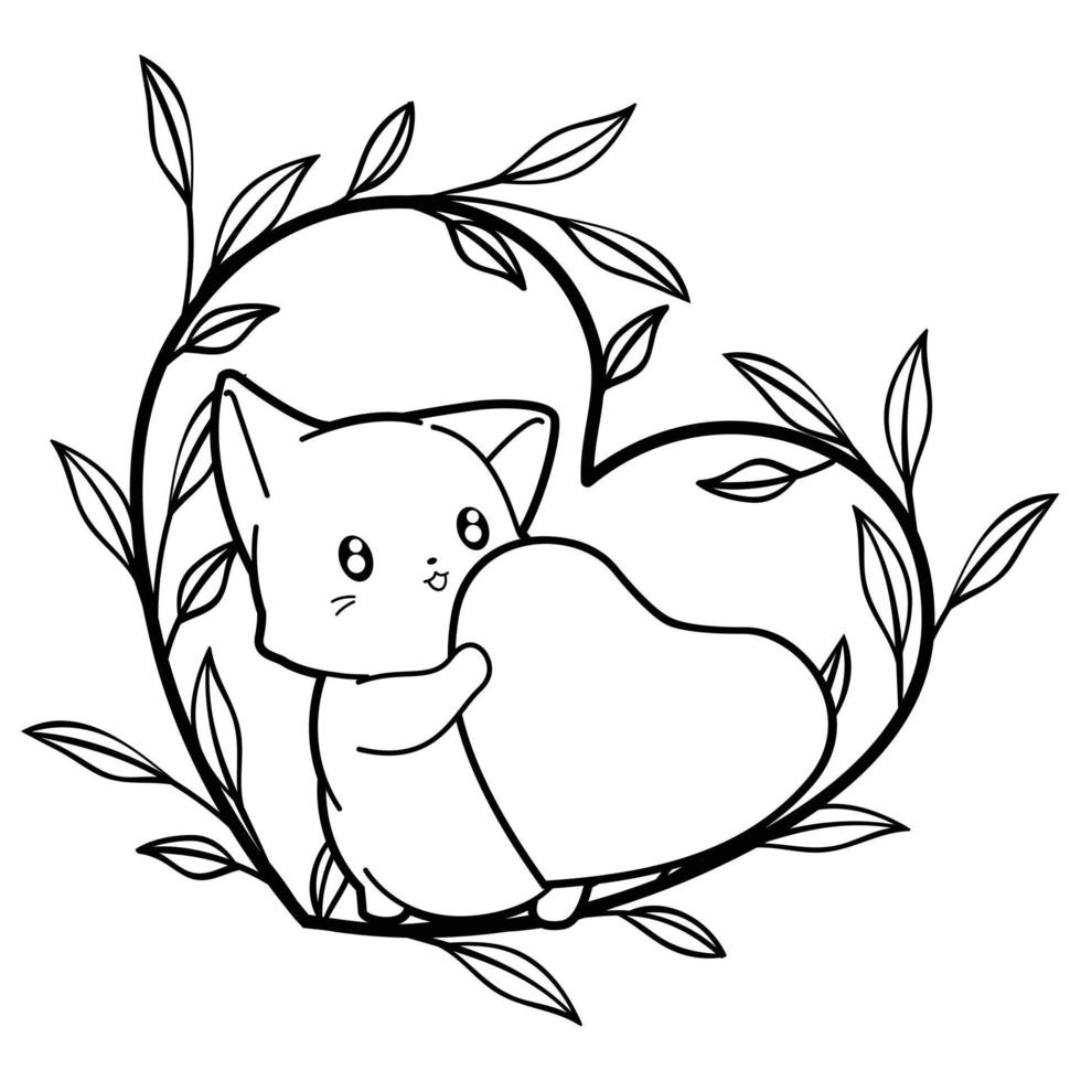 cat and heart cartoon outline vector
