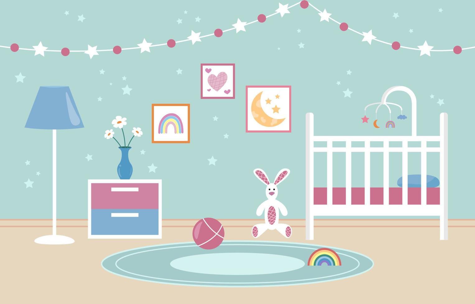 Baby bedroom interior. Nursery room. Empty white baby crib with carousel for child. Decorations on wall and toys on floor. Vector flat illustration