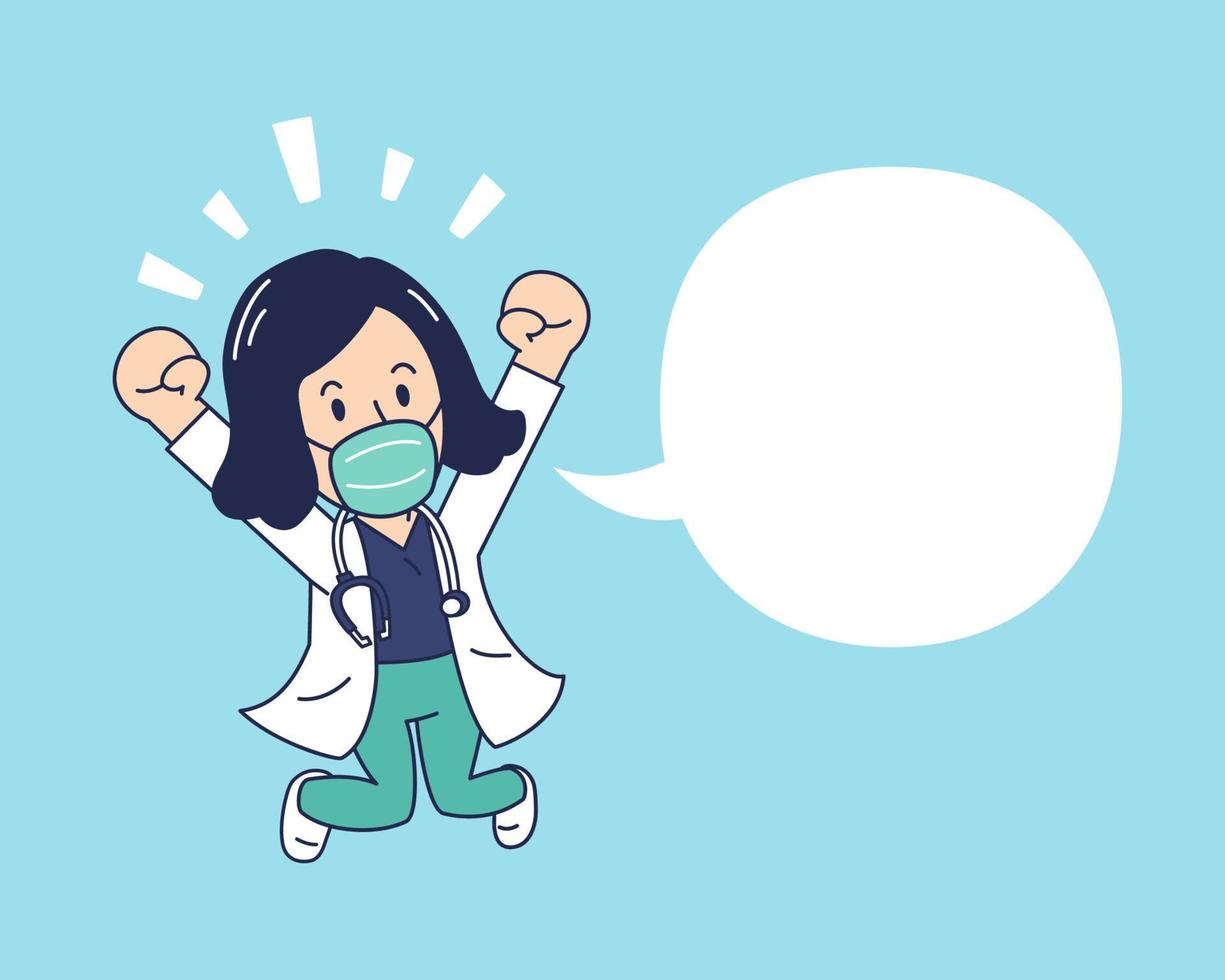 Cartoon happy female doctor wearing protective mask and speech bubble vector