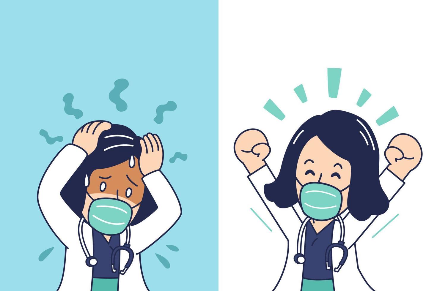 Cartoon female doctor wearing protective mask expressing different emotions vector