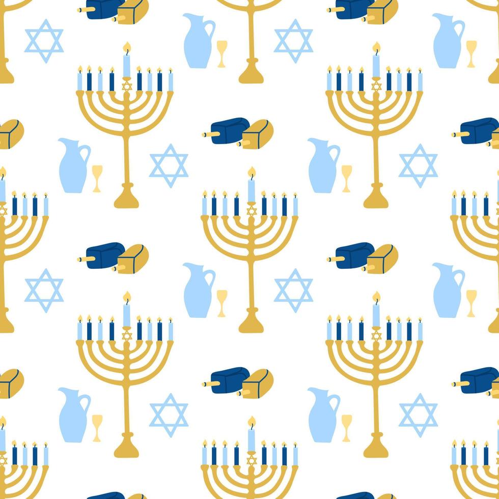 feliz hanukkah, el festival judío de las luces. candelabro menorá con velas encendidas. patrón transparente de vector sobre fondo blanco