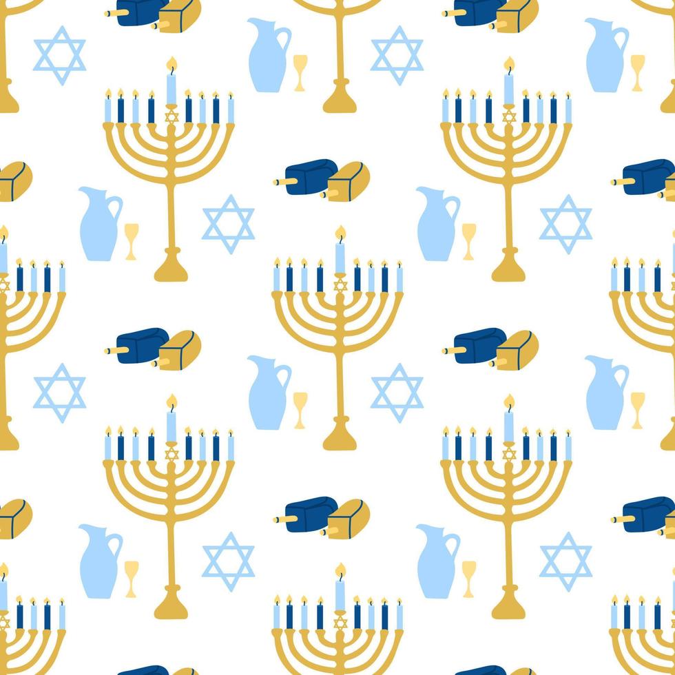 Happy Hanukkah, the Jewish festival of lights. Menorah candle holder with lighted candles. Vector seamless pattern on white background