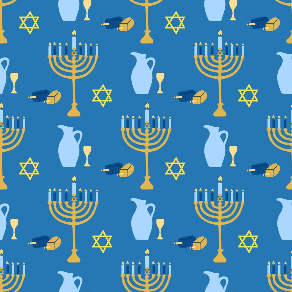 Happy Hanukkah, the Jewish festival of lights. Menorah candle holder with lighted candles. Vector seamless pattern on blue background