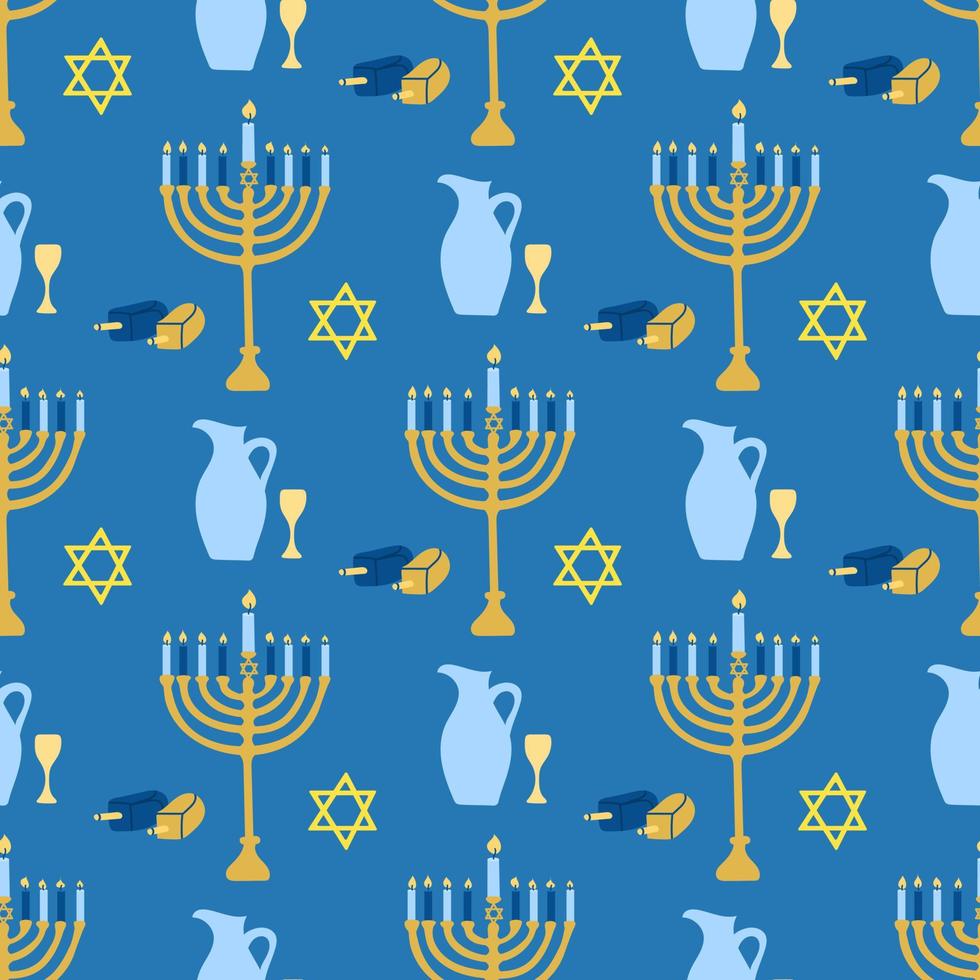 Happy Hanukkah, the Jewish festival of lights. Menorah candle holder with lighted candles. Vector seamless pattern on blue background