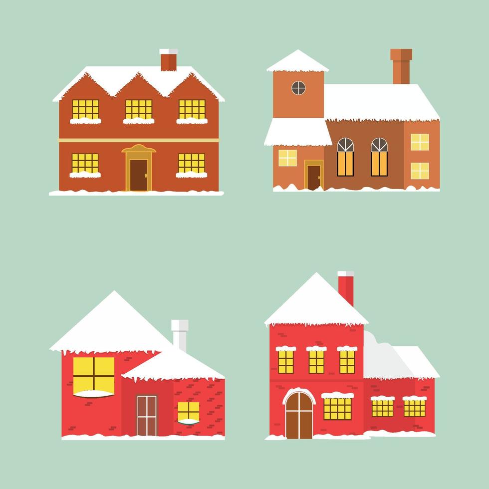 Xmas house set with vintage brick color. Christmas decorative house with fire chimney. Multicolor houses. Cute Christmas-decorated homes for background. Wintertime townhomes and cottage with snow. vector